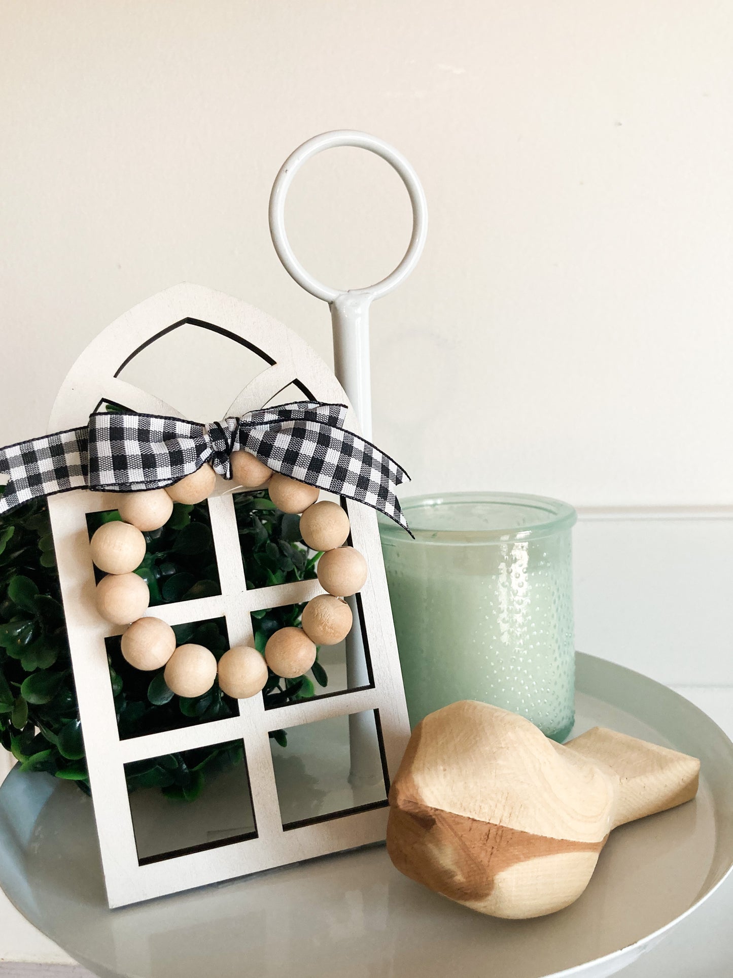 Handmade mini cathedral window shelf sitter 3"x6" 1/4" thick color white decorated with wood bead wreath and buffalo checkered bow