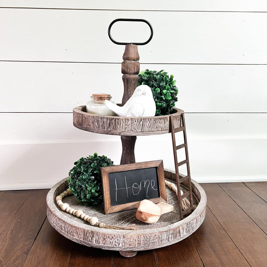 Distressed brown wood two tiered tray large base 15 inches in diameter small base 9 inches in diameter 18 inches tall 