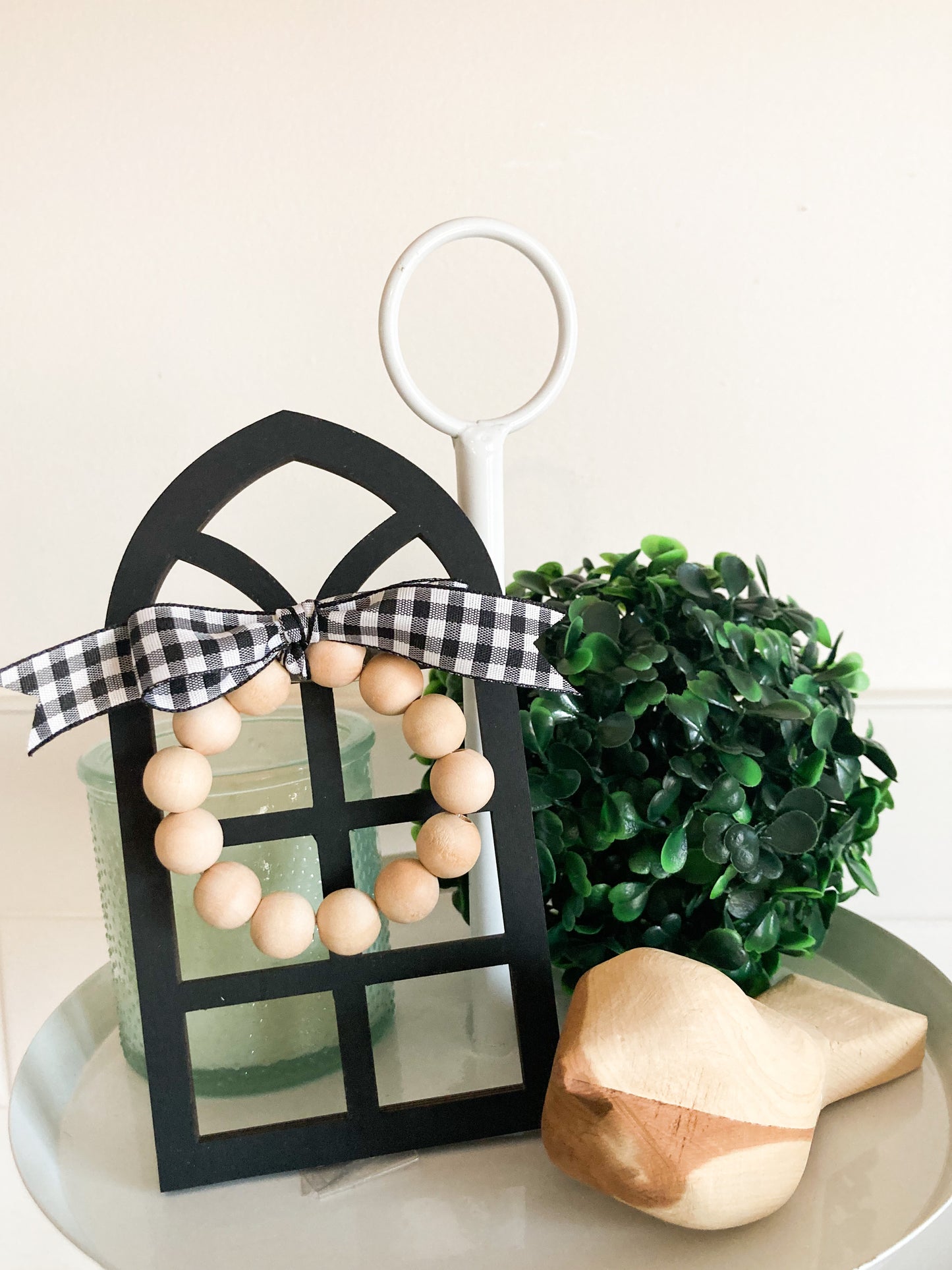 Handmade mini cathedral window shelf sitter 3"x6" 1/4" thick color black decorated with wood bead wreath and buffalo checkered bow