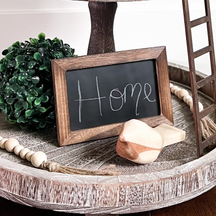 Mini chalkboard 4 inches by 6 inches with wood frame stained brown real chalkboard slate decorated on tiered tray