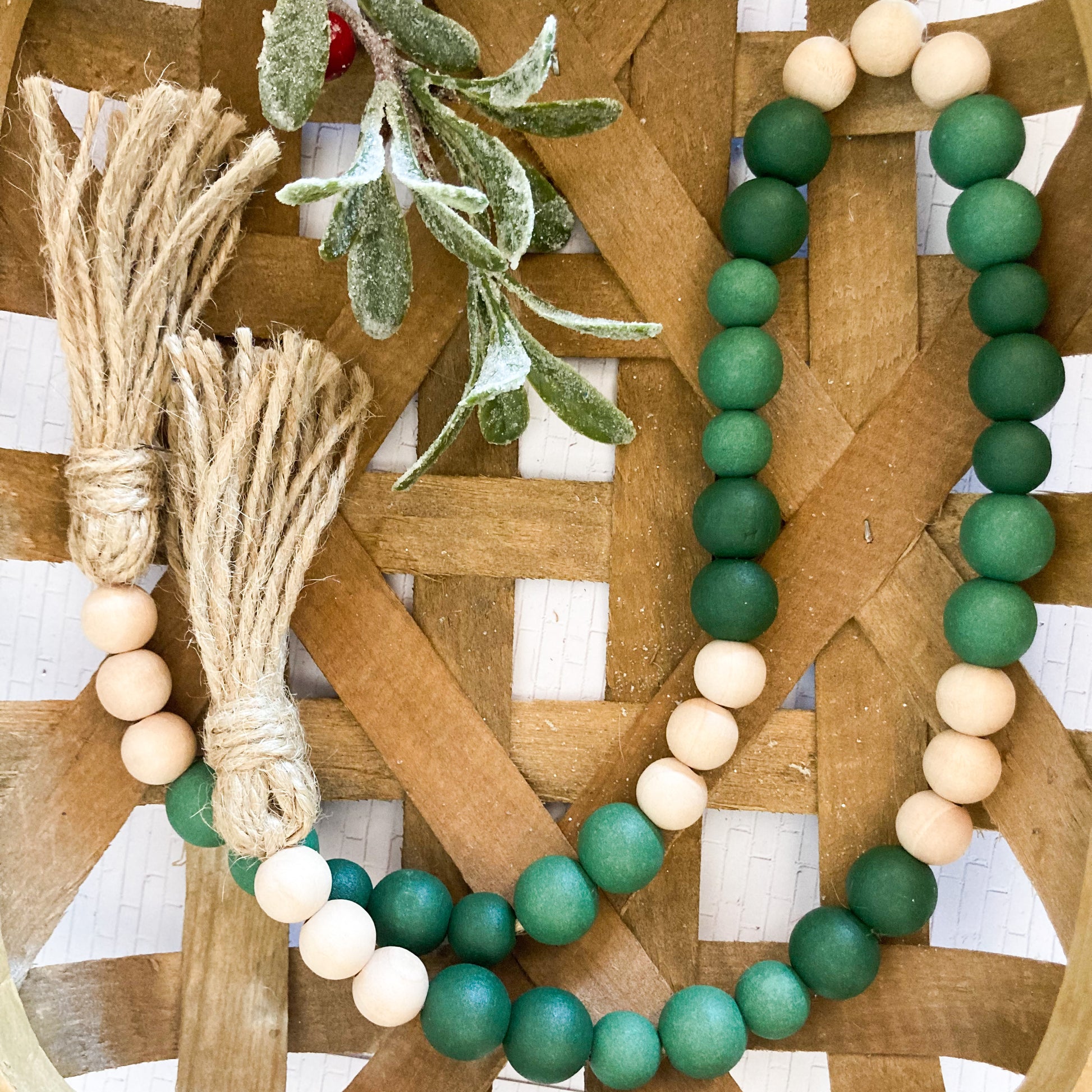 handmade wood bead garland 30 inches in total length two tones of green and natural beading with jute twine brown tassels 